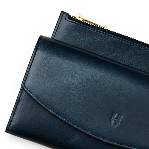 Handcrafted Full-Grain Leather Women’s Wallet, RFID Blocking, 12 Card Slots, 3 Compartments, Removable Zipper Coin Pouch, Gift Box & Pouch, Christmas & Birthday, Navy Blue2