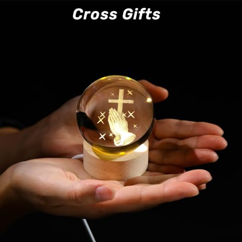 Arikyrist 3D Cross Crystal Ball Figurine with Wooden Light Base, Laser Engraved Praying Hands Religious Gifts for Women Men, Christian Gifts Crystal Cross Night Light Home Decor