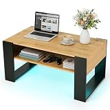 ZZINOKE Table Basse avec LED et Rangement, Table de Salon Bois, Table de Canapé Moderne avec Pieds en U, Rectangle, 92 x 47 x 45 cm, Bois et Noir