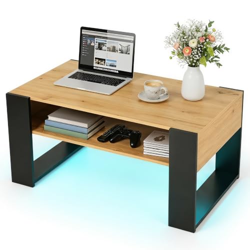 ZZINOKE Table Basse avec LED et Rangement, 92 x 47 x 45 cm, Table de Salon Bois, Table de Canapé Moderne avec Pieds en U, Rectangle, Bois et Noir