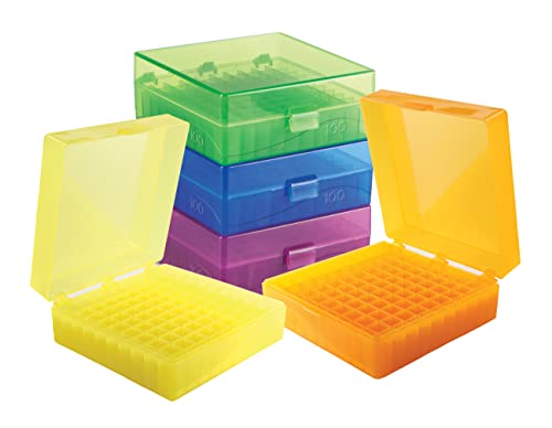 Heathrow Scientific 100-Place Microtube Storage Box with Snap Clasp Lid, Fits 1.5/2.0 mL Tubes and Vials, Polypropylene, Assorted Colors (Blue, Green, Purple, Yellow, and Orange), Pack of 5