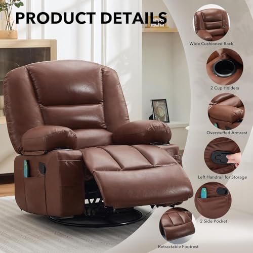 Image of Oversized Manual Swivel Recliner Chair for Adults, 360 Swivel Rocker Glider with Vibration Massage & Heat, Extra Wide Chenille Fabric Lazy Chair for Living Room Bedroom, Brown PU