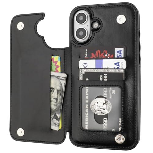 ONETOP Compatible with iPhone 16 Plus Wallet Case with Card Holder PU Leather Kickstand Card Slots Case Double Magnetic Clasp and Durable Shockproof Cover 6.7 Inch (Black)