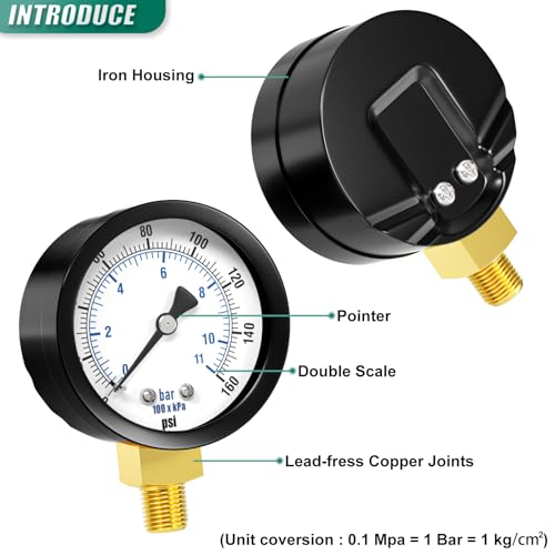 Image of 0-160PSI Well Pump Pressure Gauge 2 inch Dial Size, 1 /8 inch NPT Lower Mount, 3-2-3% Accuracy, for Tube, Water Pump, Gas, Liquid, Pressure Test