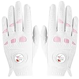 LOVMEAD Golfhandschuhe für Damen mit Ballmarker für Linke und rechte Hand, Cabretta-Leder im Paar, Damen-Golf-Handschuh, Regen-Griff, Allwetter-weich, bequem, flexibel, Größe S, M, L, XL (Weiß, S)