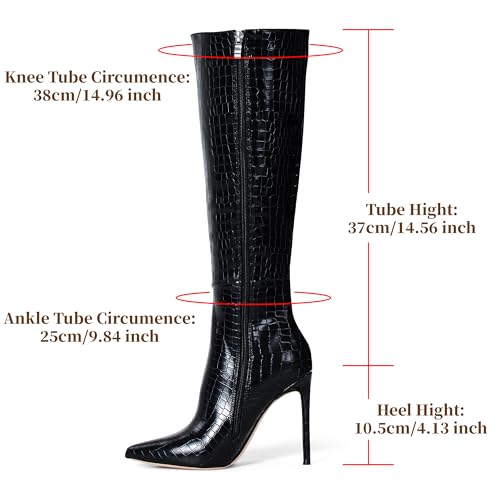 Elisabet Tang Women's Knee High Booties,4 inch Stiletto Heel Pointed Toe Wide Calf Boots Faux Leather Comfortable Combat Booties Shoes Black Grain Size 8.53