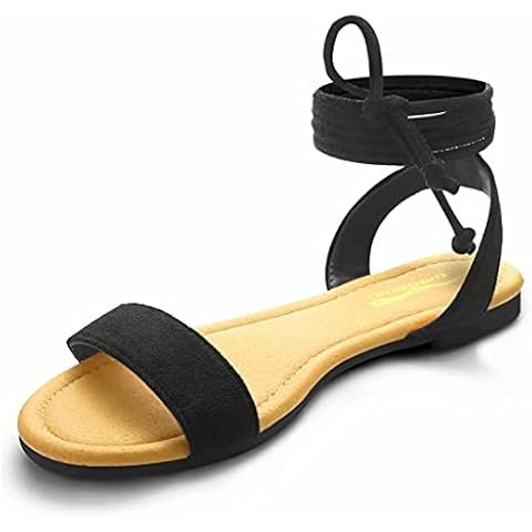 DAYDAYGO Sandals for Women - Womens Comfortable Open Toe Ankle Wrap Lace Up Flat Sandals - Women’s Sandal Ankle Tie Up Black Size 5 Cover