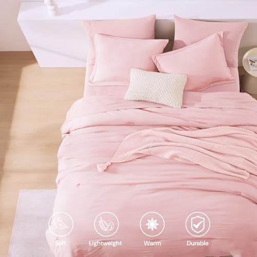 Image of Queen Comforter Set-7 Pieces Soft Prewashed Bed in a Bag Queen Bedding Sets | All Season Comforter with Sheets, Pillow Shams & Pillowcases, Soft Pink