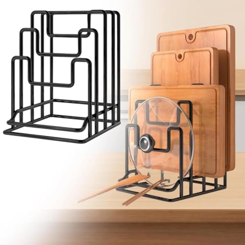 Image of Pan & Pot Lid Organizer Rack - Multifunctional Cookware for Cabinet, Pantry Chopping Board Holder, Space-Saving Kitchen Organizer, Black (L-6.25 x W-9.25 x H-9.25 Inches M-RACK)