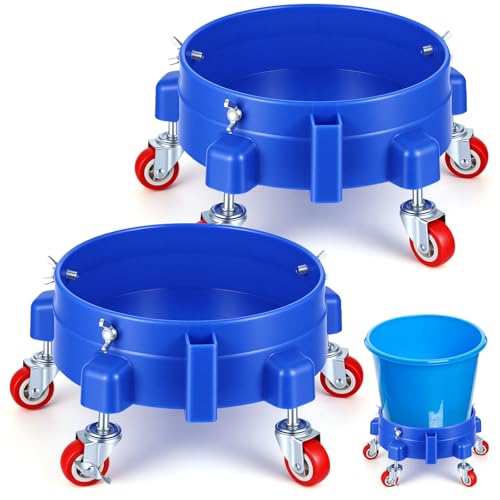 Datanly 2 Pcs 5 Gallon Bucket Dolly with 5 Swivel Wheel Casters 11.42'' Car Wash Bucket Dolly Round Plastic Dollies for Car Washing Garage Construction Flowerpot (Blue)