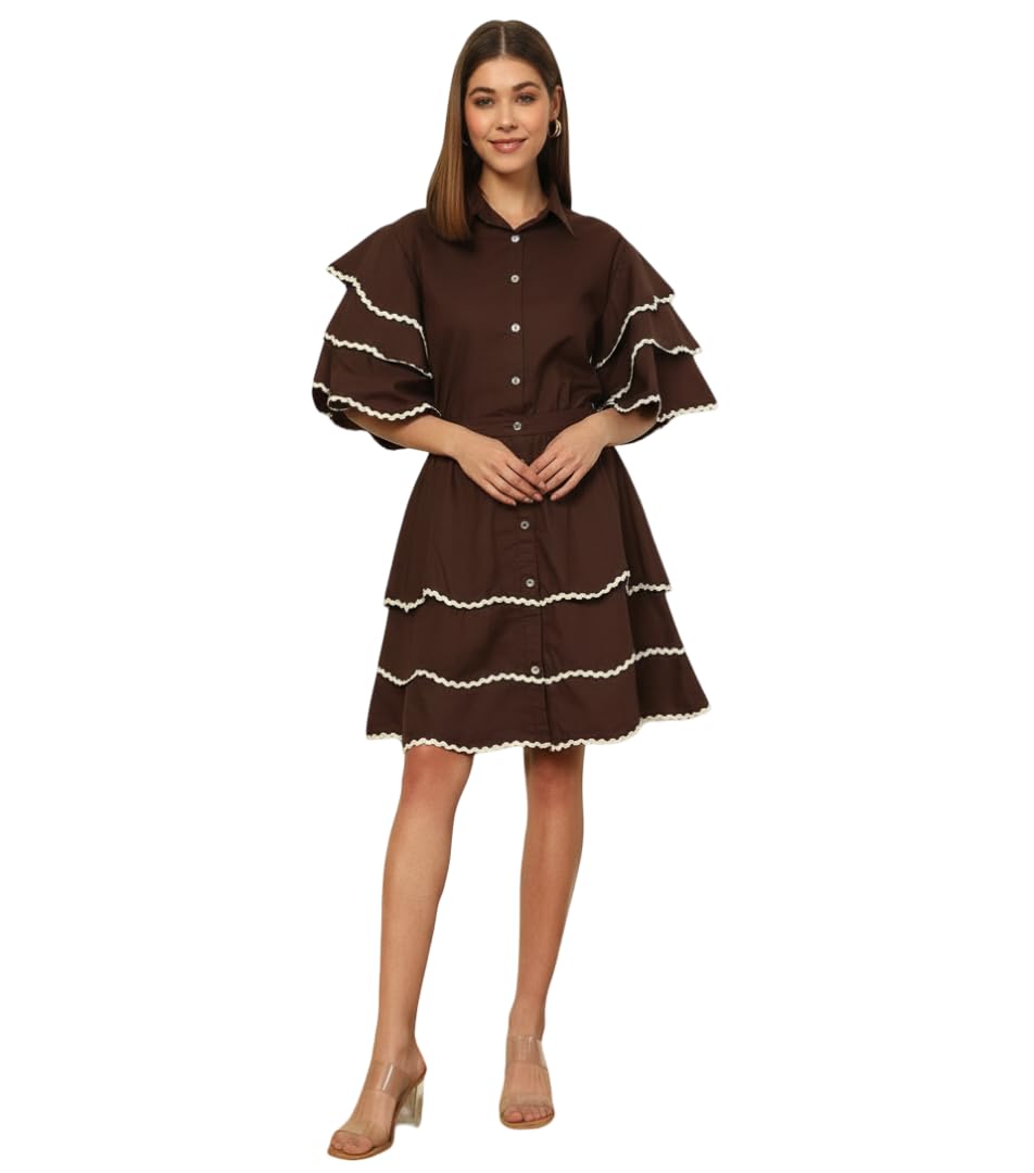 deebaco Solid Cotton Shirt With Layered Skirt Women's Co-Ord Set|Bell Layered Sleeves Collared Neck Mid Length Relax Fit Summer Western Casual Wear Ladies Cord Set (Brown)-picture-51