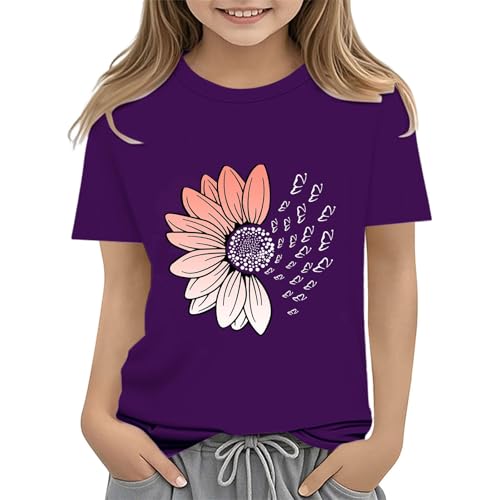 Girls Loose Fit Sunflower Graphic T Shirts Short Sleeve Crewneck Cute Pattern Printed Tops Kids (B-Purple, 6-7 Years)