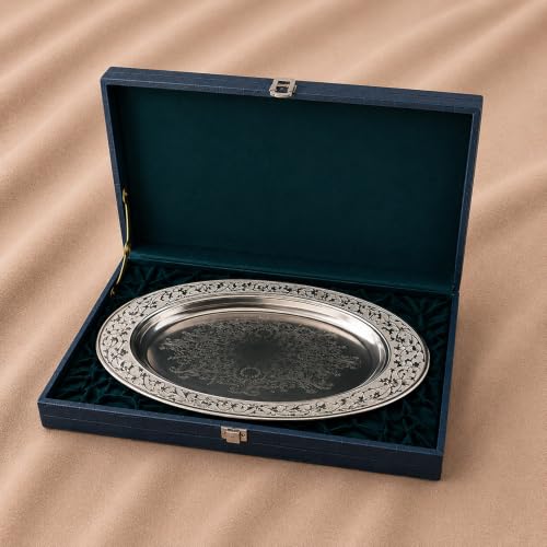 Image of Decorative Oval Metal Tray with Elegant Black Floral Engraved Border | Premium Silver Finish Display Tray for Home Decor, Coffee Table, Dining Table, Centerpiece, Console Table & Gift Item