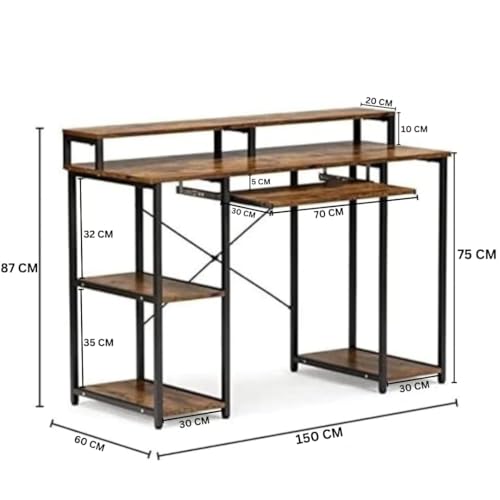 Image of Un-Desk Computer Table for Home Office and Study Table with 3 Shelf Workstation Desk for Desktop Pc Laptop and Gaming with Keyboard Tray Reversible Shelf Left and Right 150 CM Forest Dark
