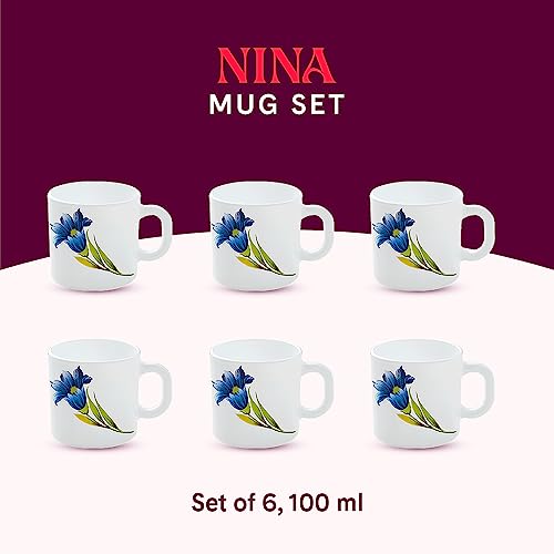 Image of Larah by BOROSIL Nina Opalware Mug, Set of 6 Tea /Coffee Mugs, 100 ml Each, Microwave & Dishwasher Safe, Bone-Ash Free, Crockery Set Ideal for Daily Use & Gifting, White