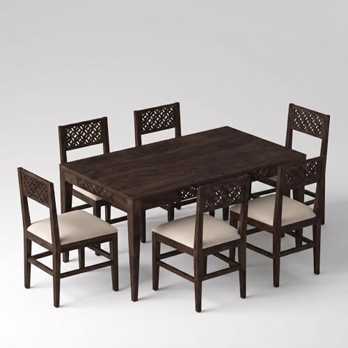 Image of SONA ART & CRAFTS CNC Solid Sheesham Wood Dining Table Set 6 Seater Dinner Dinning Table with 6 Cushion Chair for Dining Furniture for Living Room Home Hotel Office Self Assembly (Dark Brown)