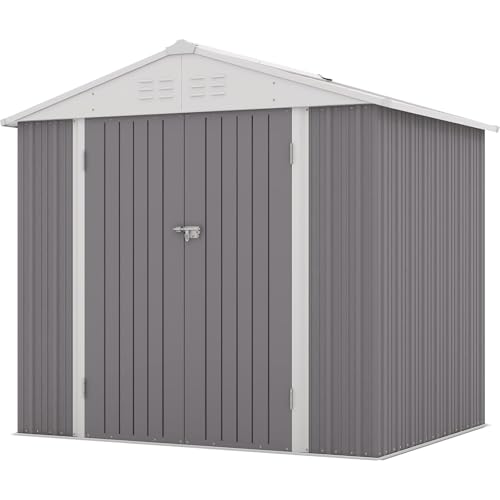 Image of Patiowell 8x6 FT Outdoor Storage Shed, Garden Storage Shed | Metal Outdoor Sheds with Sloping Roof & Double Lockable Door for Backyard Garden Patio Lawn, Gray