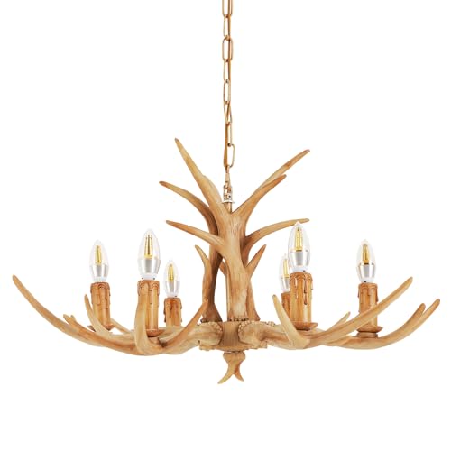 Antler Chandelier, 6-Lights Rustic Deer Horn Shape Chandelier with Resin Lamp Body & 6 Lamp Holders, 110V Vintage Pendant Light Ceiling Fixture for Living Room Bedroom Dining Room Kitchen