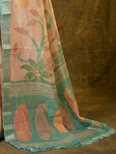 Image of AKHILAM Women's Floral Printed Handloom Cotton Silk Saree with Zari Border and Tassel Pallu Unstitched Blouse Piece | Traditional Ethnic Wear Sarees | Women saree silk | Festive Sari Women's