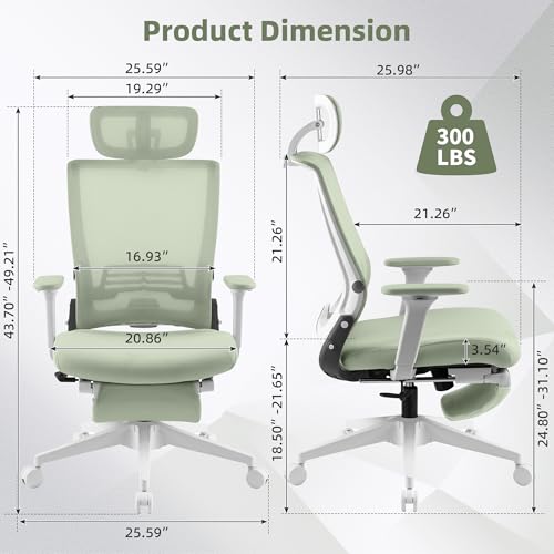 Foldable Office Chair with Foot Rest, Ergonomic Office Chair with Adjustable Lumbar Support, Headrest, Armrest, Home Office Desk Chair for Space Saving, Work from Home, Green - Image 4