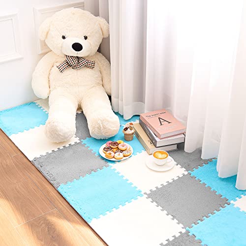 18 Pcs Plush Foam Floor Mat Square Interlocking Carpet Tiles With Border Fluffy Play Mat Floor Tiles Soft Climbing Area Rugs For Home Playroom Decor, 12 X 12 X 0.4 Inch (White, Light Gray, Royal Blue) #TOP4