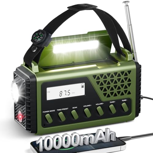 Gemmac Radio Portable Vert, FM/AM/SW Radio Solaire Dynamo Manivelle avec 10000mAh Piles Rechargeables Boussole SOS Alarme Chargeur de Téléphone USB Lampe de Poche pour Cadeau Camping Kit Survie