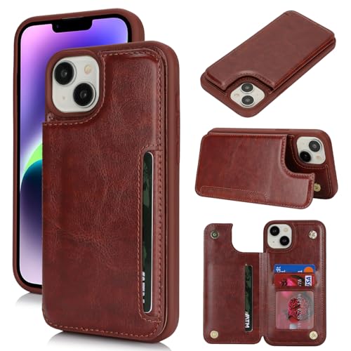 Étui portefeuille iPhone 14 Plus élégant en cuir synthétique marron chic pour homme et femme