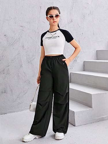 Image of WDIRARA Girl's Drawstring Waist Wide Leg Trousers Casual Pants with Slant Pocket Black 10-11Y