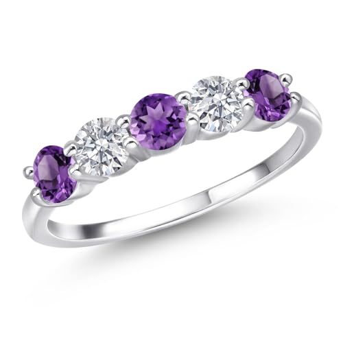 Gem Stone King 925 Sterling Silver Purple Amethyst and White Lab Grown Diamond Wedding-Bands Ring For Women | 1.29 Cttw | Round 4MM | Gemstone February Birthstone | Available in Size 5,6,7,8,9