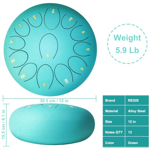 REGIS Steel Tongue Drum 12 Inch 13 Notes C Major – Handpan Drum Percussion Instrument for Adults, Beginner Friendly Music Gift with Mallets, Music Book & Carry Bag (malachite) by REGIS - Used condition - Image 2