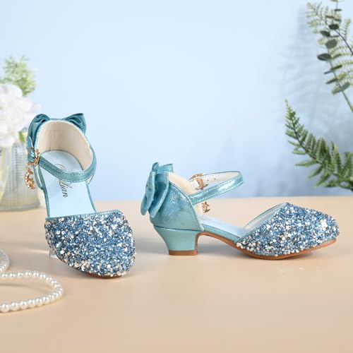 Image of ChuLian Girls Sandals Little Kids Glitter Bow Dress Shoes Crystal Low Heel Sequins Princess Sandals Toddler Flower Wedding Party Shoes