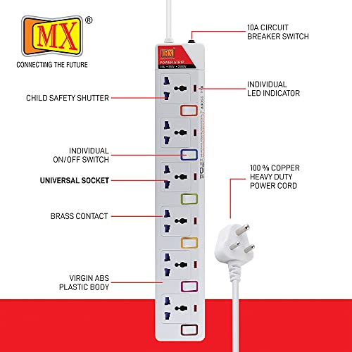Image of MX 6 Socket Power Strip with Individual Switches, LED Indicator & Child Safety Shutters | Universal Sockets with 1.5 Meter Heavy Duty Cord | Surge Protector Power Extension Board