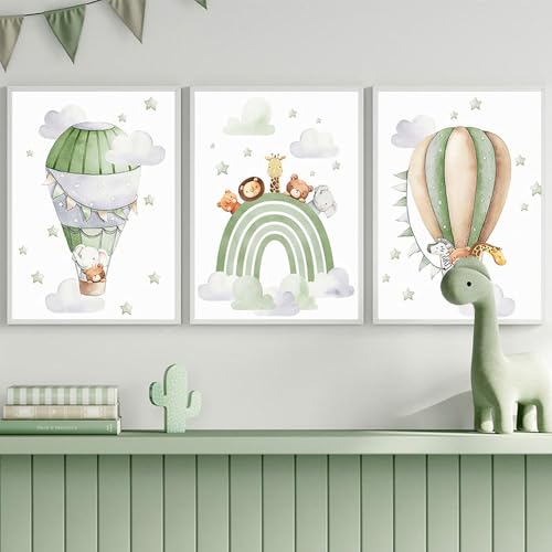 3 Affiche Chambre Bebe Vert 30X40CM Poster Animaux Enfant Montgolfière Nuage Tableau Chambre Enfant Arc en Ciel Toile Animaux de la Savane Affiche Safari...