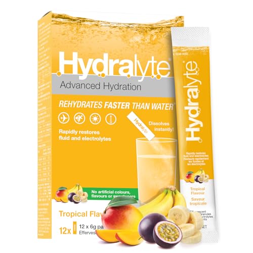 HydraLyte Electrolyte Powder, Low Sugar Electrolyte Sticks Designed for Rapid Hydration, Safe Hydration for All Ages - Made with All Natural Ingredients, 12 Servings, Tropical Flavour
