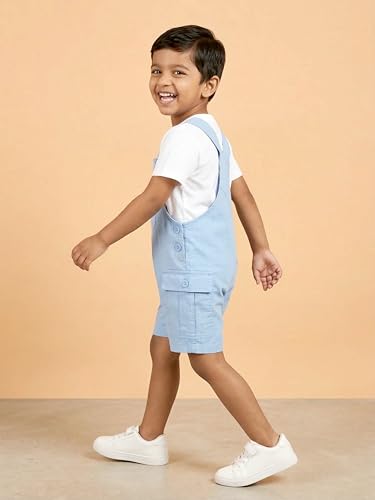 Image of KiddoPanti Unisex Denim Cargo Dungaree Shorts | 69.1% Cotton 29% Spun Poly 1.9% Spandex | Above Knee Length | Soft Breathable Summer Dungaree