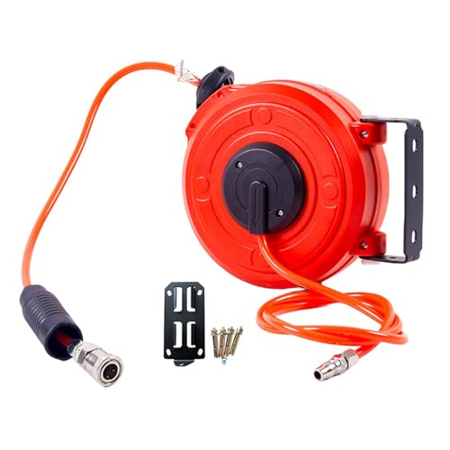 エアコンプレッサーホースリール - 6m 19.69ft 300 PSI、壁掛け、密閉型リール、自動巻き取り 180°スイベルブラケット、ハイブリッド PU 付きポリプロピレンケーシング |プロの自動車担当者向けの産業用天井マウント