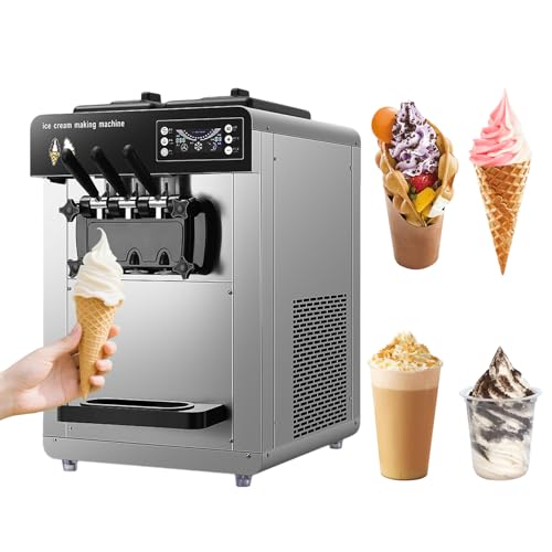 Commercial Ice Cream Machine, 3 Flavors 18-28 L/H Yield, 850W Countertop Soft Serve Ice Cream Maker with LED Display Auto Clean Pre-cooling, Dual Hoppers, One-touch Cleaning (Countertop)