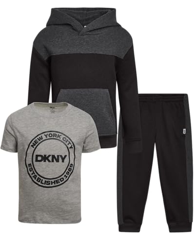 Image of DKNY Toddler Boys' Jogger Set - 3 Piece Short Sleeve Graphic T-Shirt, Pullover Hoodie, and Jogger Sweat Pants (Sizes: 4-7)