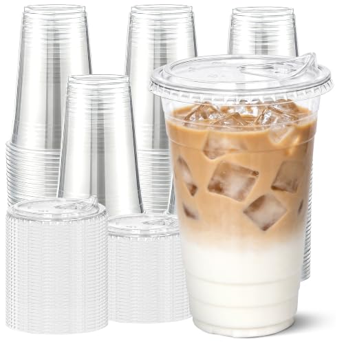 Image of Ginkgo 100 Pack 24 oz Clear Plastic Cups with Strawless Sip Lids