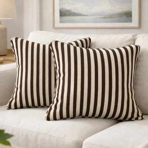 Image of 100% Cotton - Dark Brown Stripes Cushion Covers Set of 1 (16 x 16 inches) - Cushion Covers for Sofa & Living Room Decor