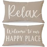 HERHOME Welcome to Our Happy Place Relax Decorative Throw Pillow Covers 12x20 Set of 2 Beige Outdoor Rustic Farmhouse Neutral Decor Cozy Lumbar Cushion Case Decoration for Home Sofa Couch Living Room