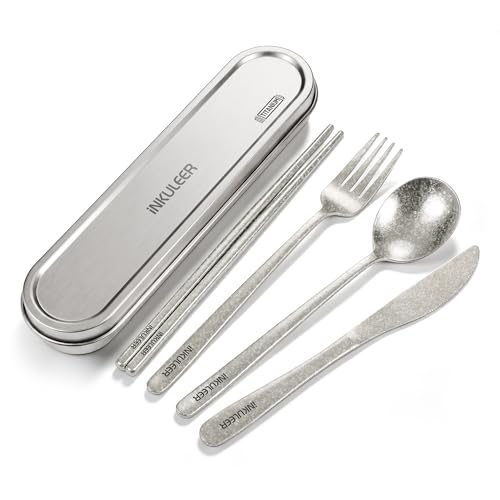 iNKULEER 100% Pure Titanium Travel Cutlery Set | Reusable Utensils with Metal Case | Portable Silverware for Camping Office Travel & Outdoor Dining