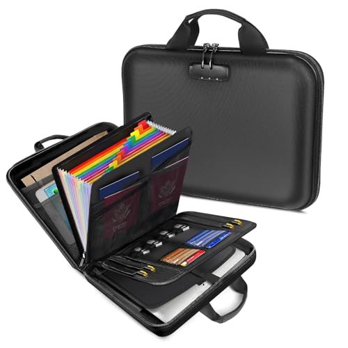 HECHN Fireproof Document Box with Lock, Hard-Shell Case Important Document Organizer with 13 Pocket Accordion File Folder, Portable Office Home Travel Safe Storage for Laptop, Paperwork and More