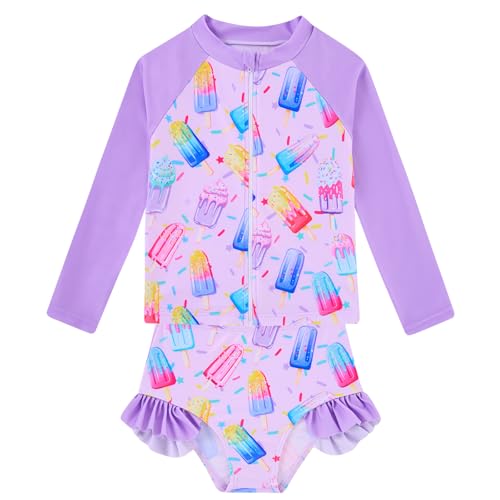Image of Funnycokid Girls Swimsuit Kids Bathing Suit Rashguard Swimwear Long Sleeve 3 Piece Toddler 3-7 Years