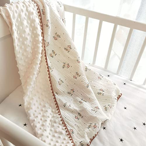 Image of Baby Muslin Cotton Thick Blanket Dotted Backing Double Layer Soft Newborn Receiving Blanket 40x40Inch Flower Pattern
