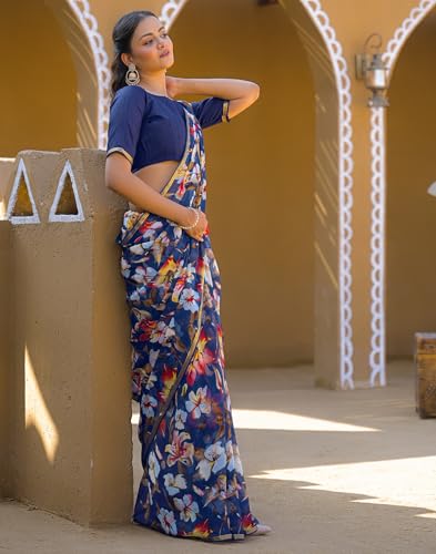 Image of SIRIL Women's Chiffon Printed Saree With Unstitched Blouse Piece