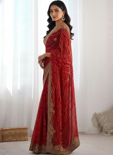 Image of Yashika Women's Georgette Art Silk Bandhej Zari Work Embroidered Saree | Women Sari