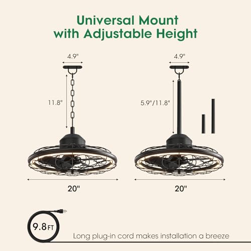 20 Outdoor Ceiling Fan, IP65 Waterproof Gazebo Fan with Light, Remote Control,6 Speeds,3CCT, Plug in Caged Ceiling Fan with Hanging Hook for Patio, Porch, Canopy