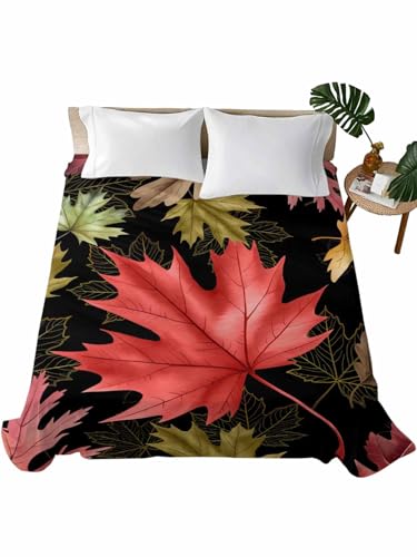 Cal King Size Flat Sheet Only, Autumn Red Maple Leaves Watercolor Bed Top Sheet Soft Microfiber Breathable Bedding Flat Sheets, Gold Sketch Leaf Art Top Sheets Hotel Luxury
