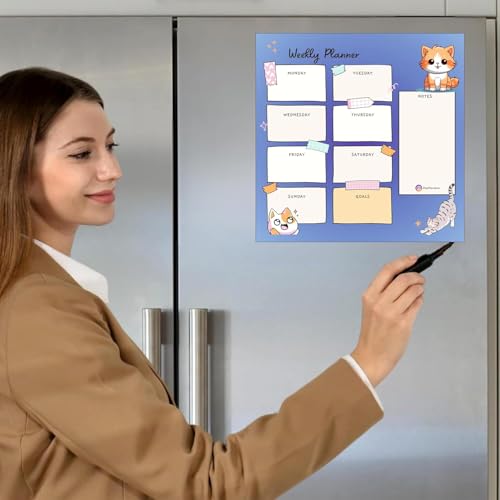 Image of Zesta Vinyl Magnetic Planner for Fridge | Cute Weekly Planner /Meal Planner with Marker | Rewritable Magnetic White Board for Fridge (Cat Lover)